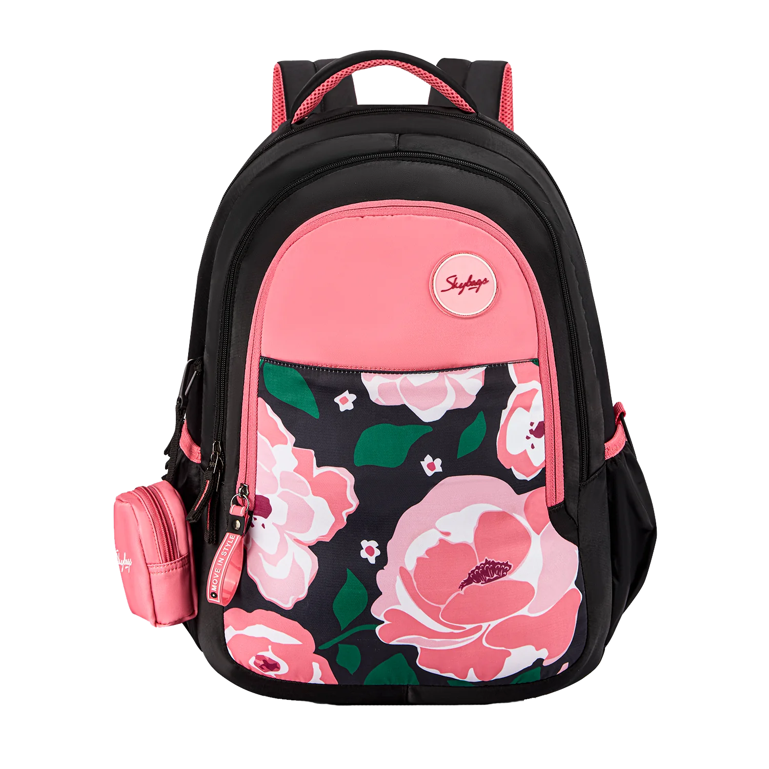 Skybags Floral Soft Feel Fabric Compartments Laptop Raincover Bottle Pockets Detachable Happy Pouch Secret Pocket 37 Liters School Backpack For