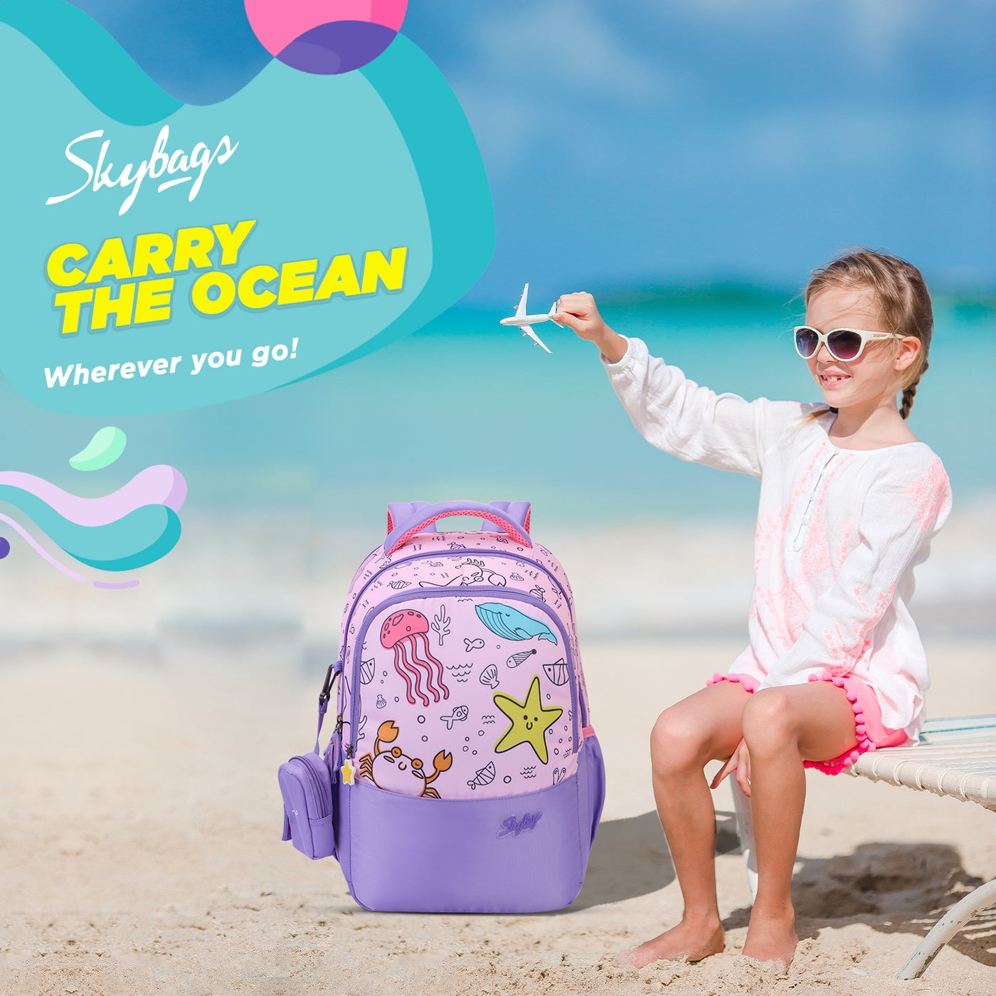 SKYBAGS|Ruby |Purple|School Bag for kids| School Bag for girl|3 Compartments|2 side bottle pockets|22 Litres|Soft Feel Fabric