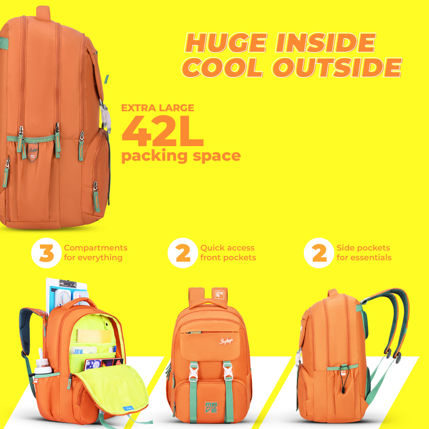 Skybags Sonic Pro School Backpack, 42L, 3 Compartments, Insulated Tiffin Compartment, Laptop Bag, Organizer + File Sleeve, for Boys & Girls Water Resistant, Lightweight