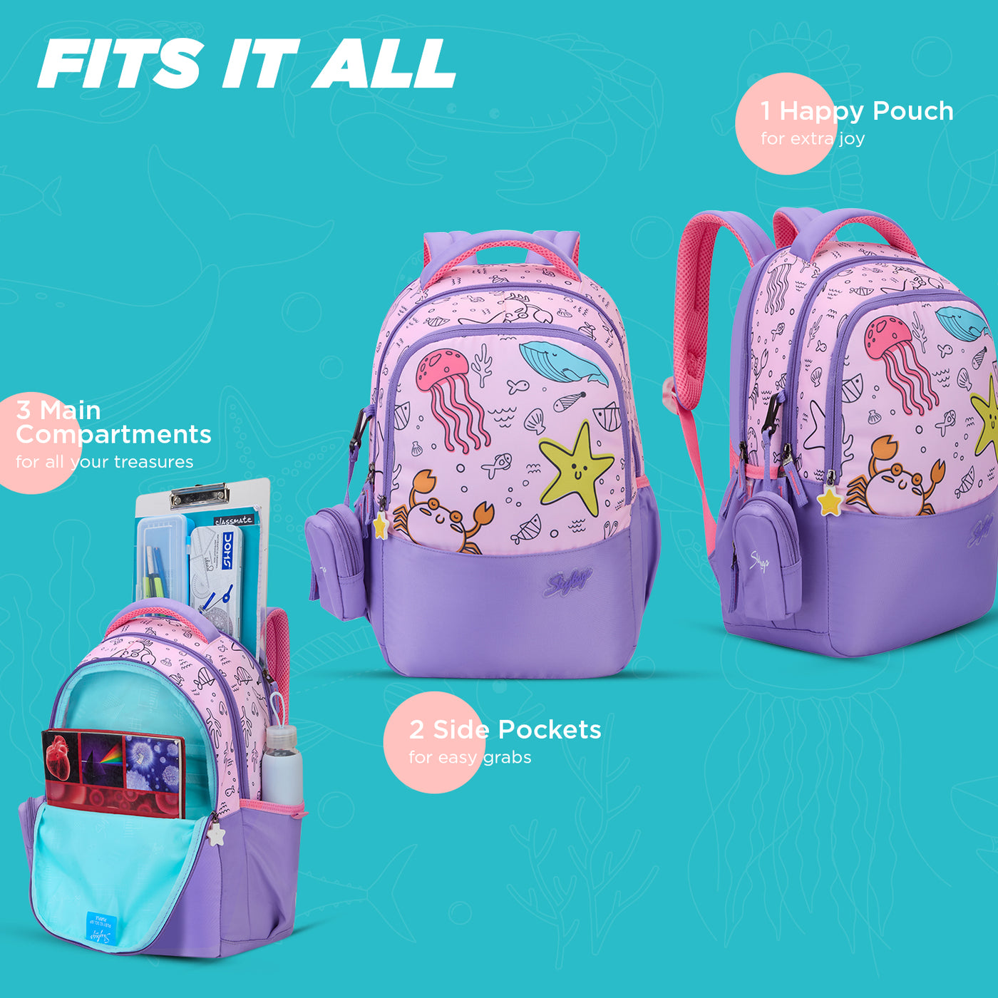 SKYBAGS|Ruby |Purple|School Bag for kids| School Bag for girl|3 Compartments|2 side bottle pockets|22 Litres|Soft Feel Fabric
