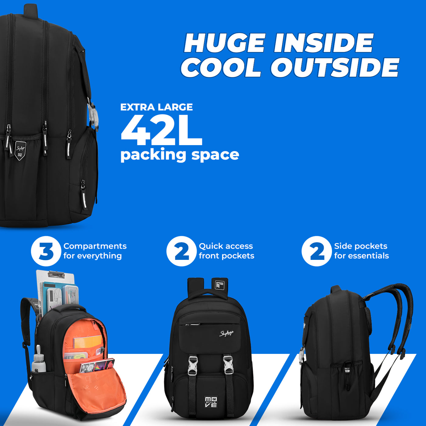 Skybags Sonic Pro School Backpack, 42L, 3 Compartments, Insulated Tiffin Compartment, Laptop Bag, Organizer + File Sleeve, for Boys & Girls Water Resistant, Lightweight