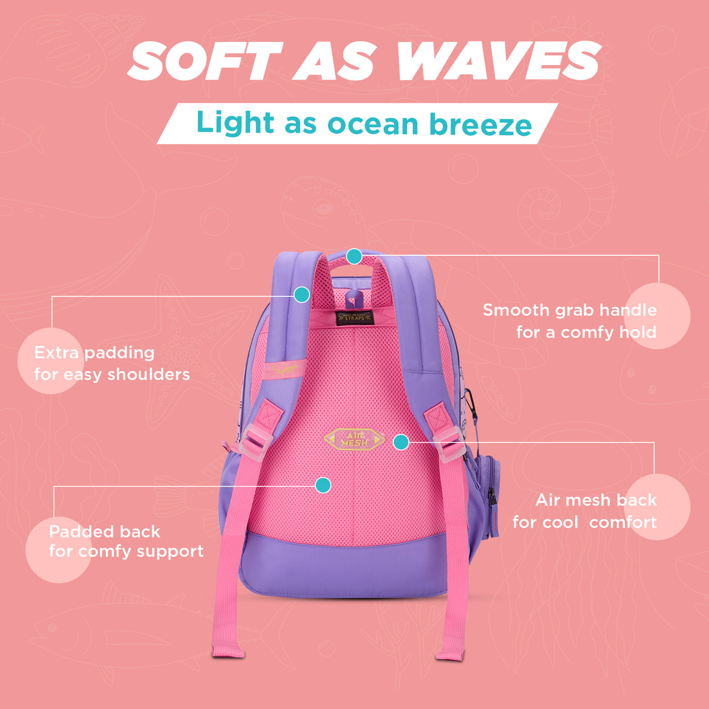 SKYBAGS|Ruby |Purple|School Bag for kids| School Bag for girl|3 Compartments|2 side bottle pockets|22 Litres|Soft Feel Fabric
