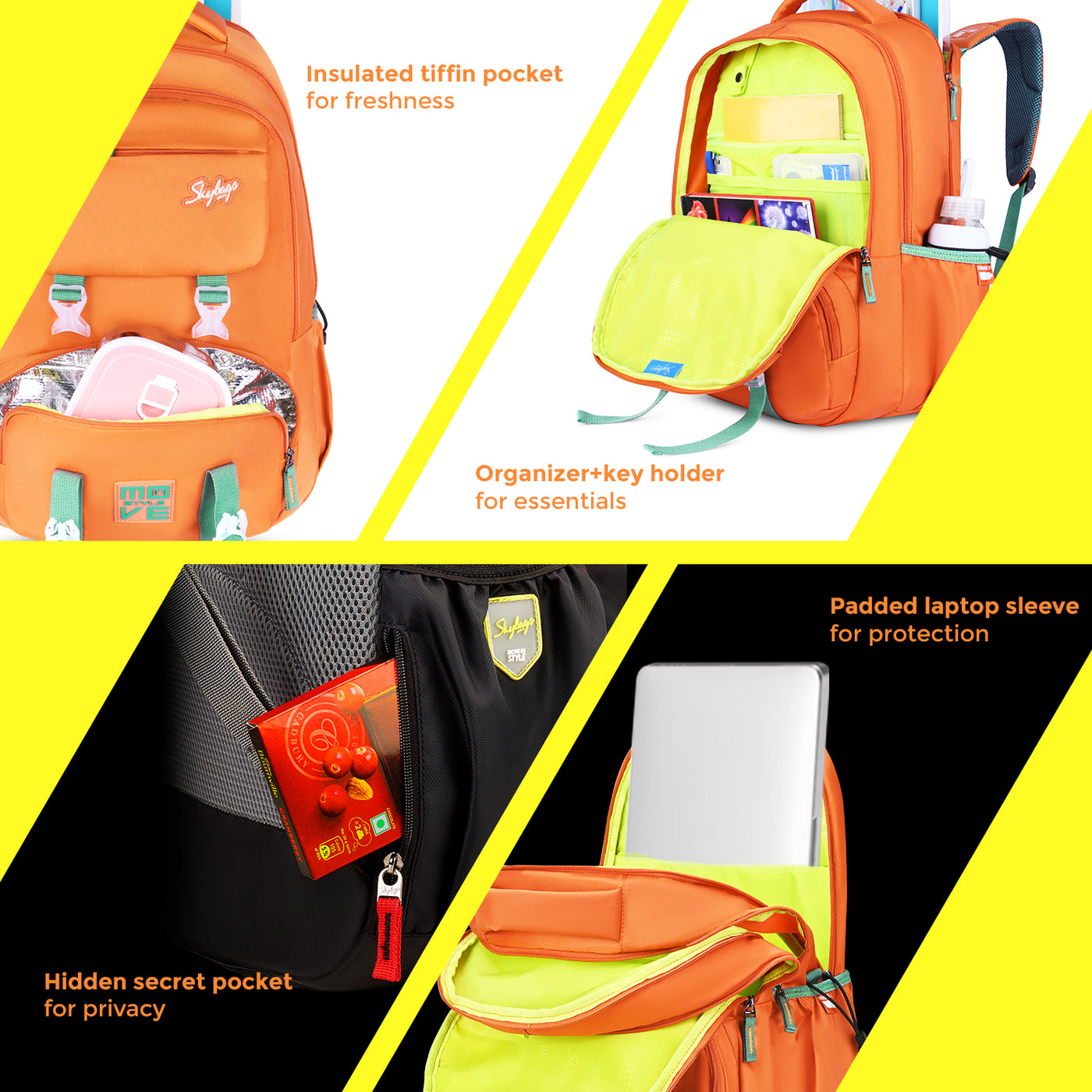Skybags Sonic Pro School Backpack, 42L, 3 Compartments, Insulated Tiffin Compartment, Laptop Bag, Organizer + File Sleeve, for Boys & Girls Water Resistant, Lightweight