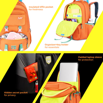 Skybags Sonic Pro School Backpack, 42L, 3 Compartments, Insulated Tiffin Compartment, Laptop Bag, Organizer + File Sleeve, for Boys & Girls Water Resistant, Lightweight