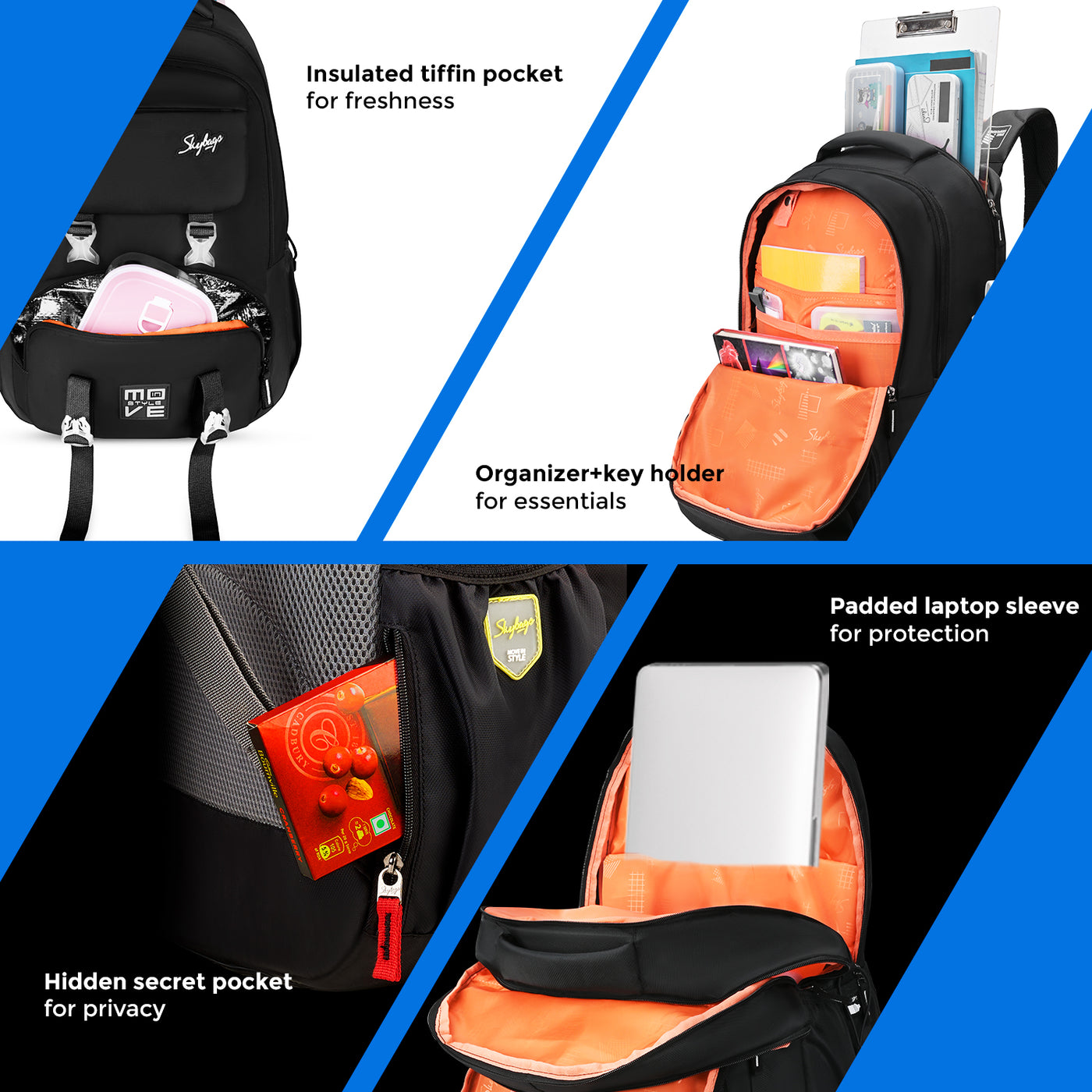 Skybags Sonic Pro School Backpack, 42L, 3 Compartments, Insulated Tiffin Compartment, Laptop Bag, Organizer + File Sleeve, for Boys & Girls Water Resistant, Lightweight