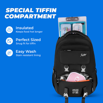 Skybags Sonic Pro School Backpack, 42L, 3 Compartments, Insulated Tiffin Compartment, Laptop Bag, Organizer + File Sleeve, for Boys & Girls Water Resistant, Lightweight